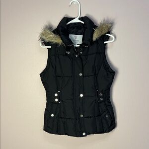 GUESS Black Puffer Vest with Faux Fur Hood
